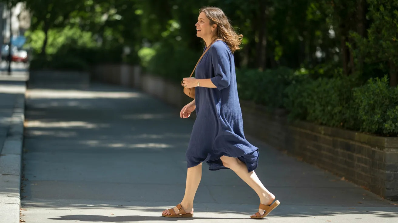 Tan shoes paired with a navy dress for casual everyday styling.