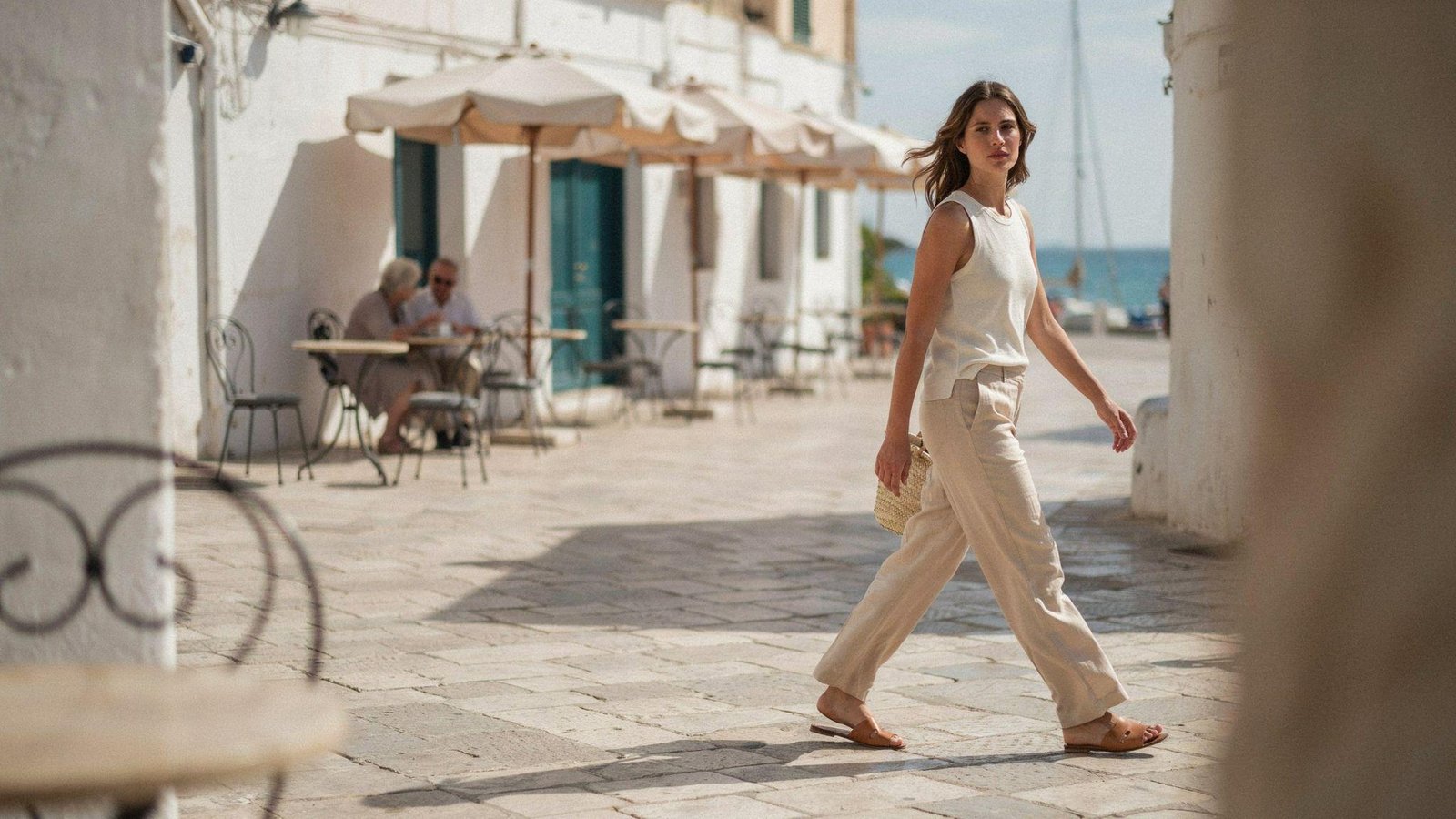 "Woman styling linen wide leg pants with flat sandals for a relaxed summer casual outfit"
