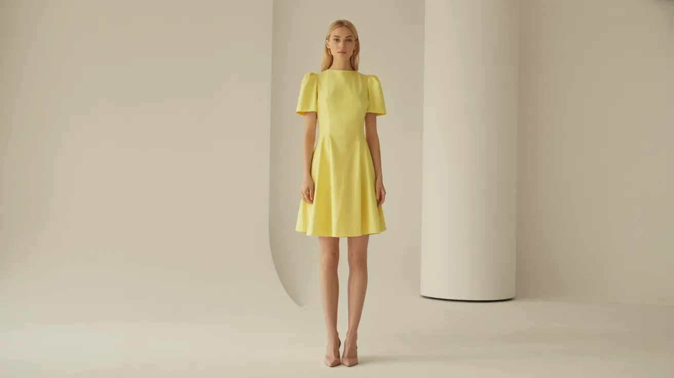 Nude shoes styled with yellow dress for clean, neutral outfit look.