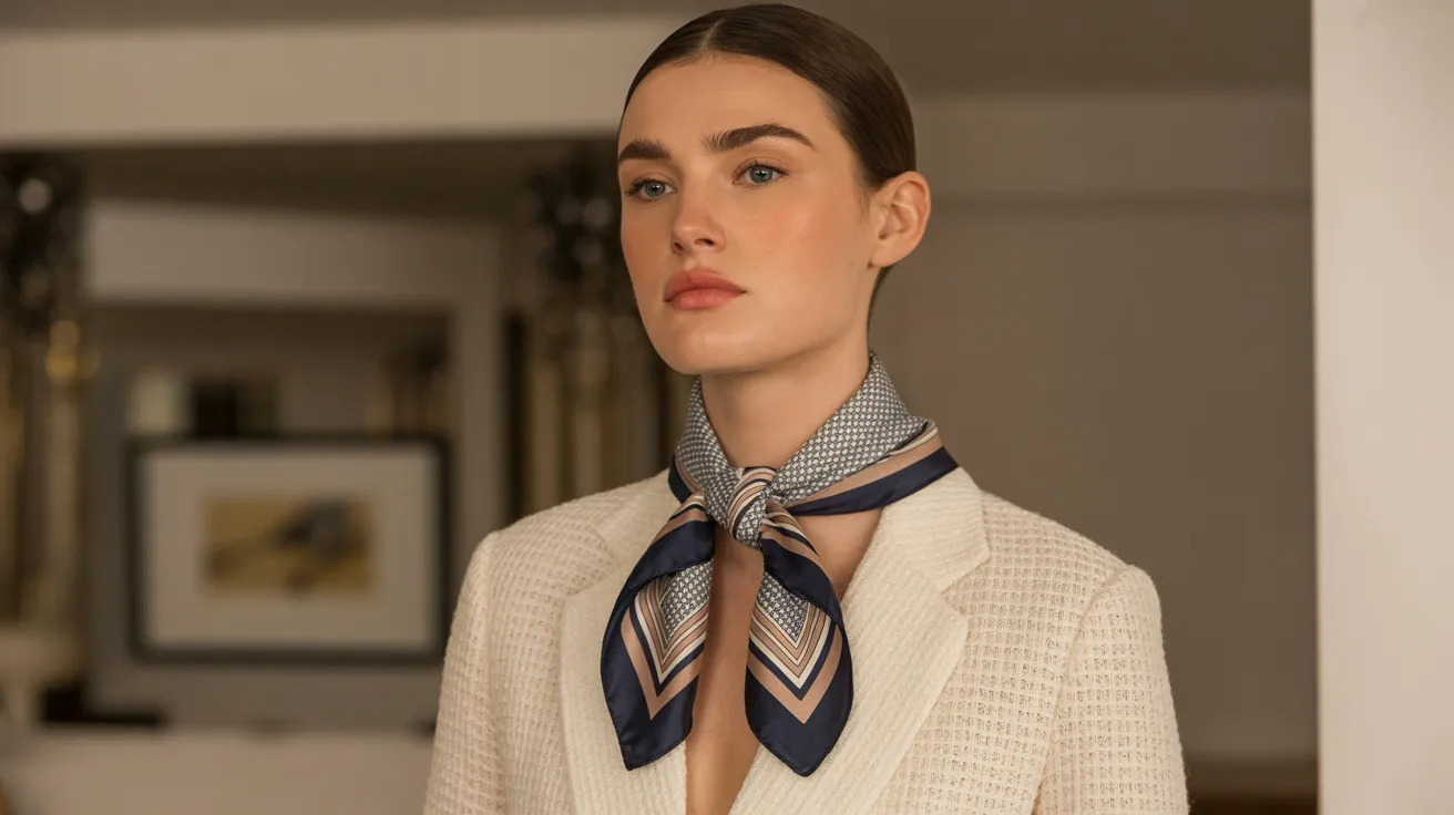 Square scarf loosely knotted and draped for casual chic style.