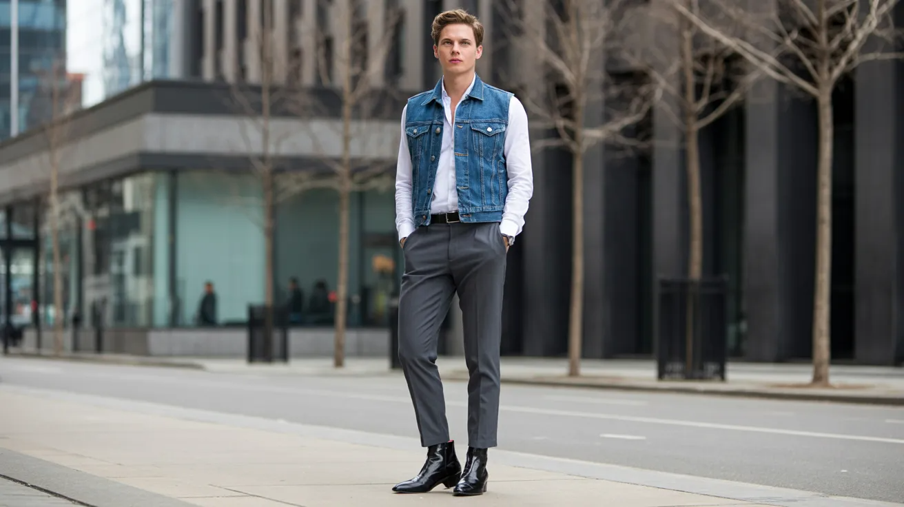 Jean vest layered over a button-down shirt during mild winter weather.