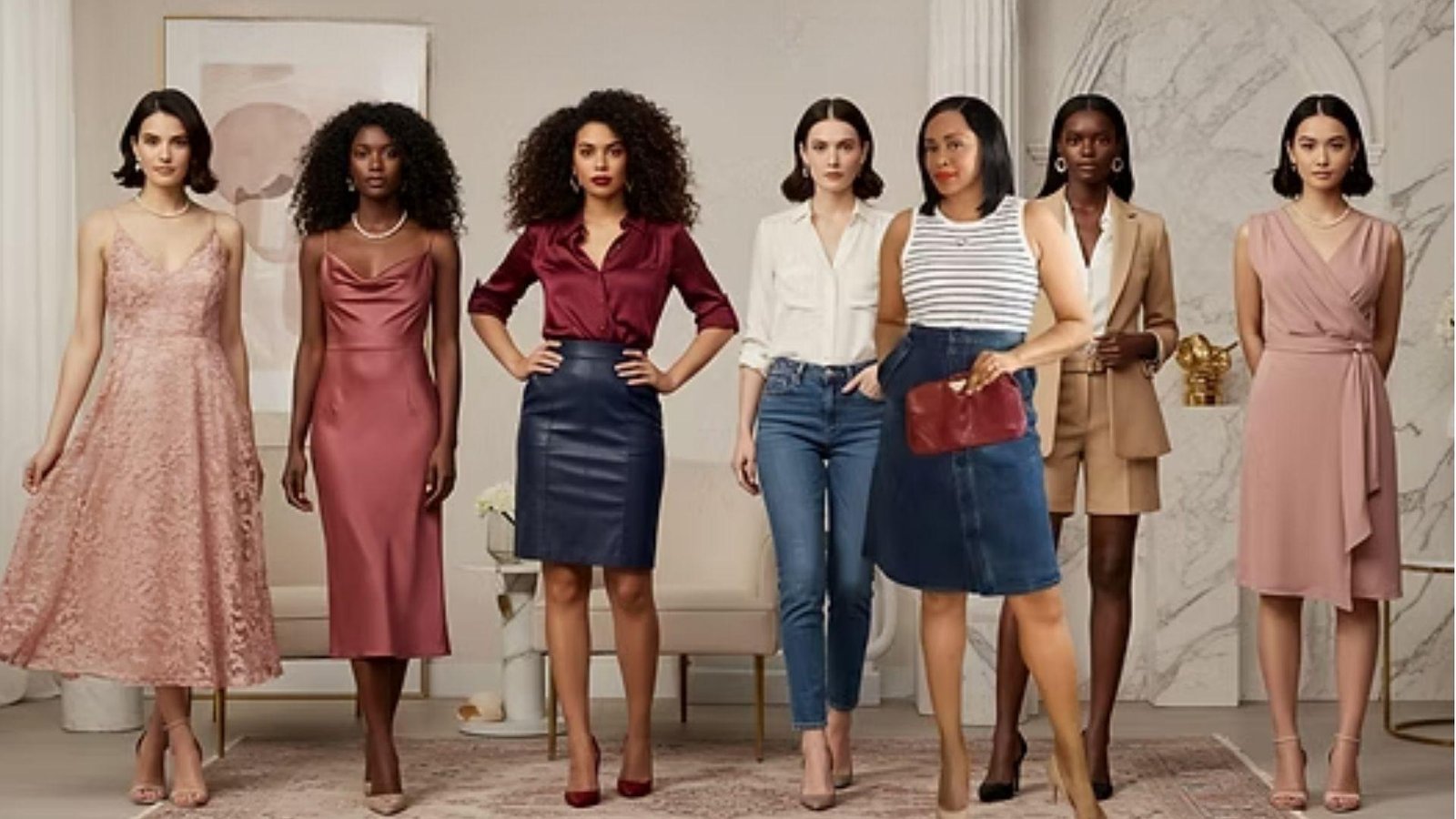 Fashion editorial image featuring six women standing in a luxurious modern interior, each representing a different style archetype through distinct outfits.