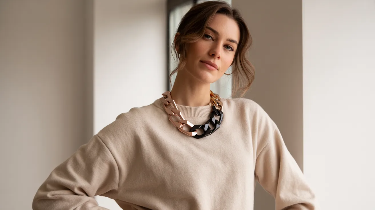 Statement necklace worn with a crew neck sweater