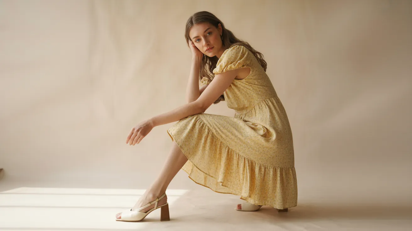 Ivory shoes paired with yellow dress for soft vintage-inspired outfit.