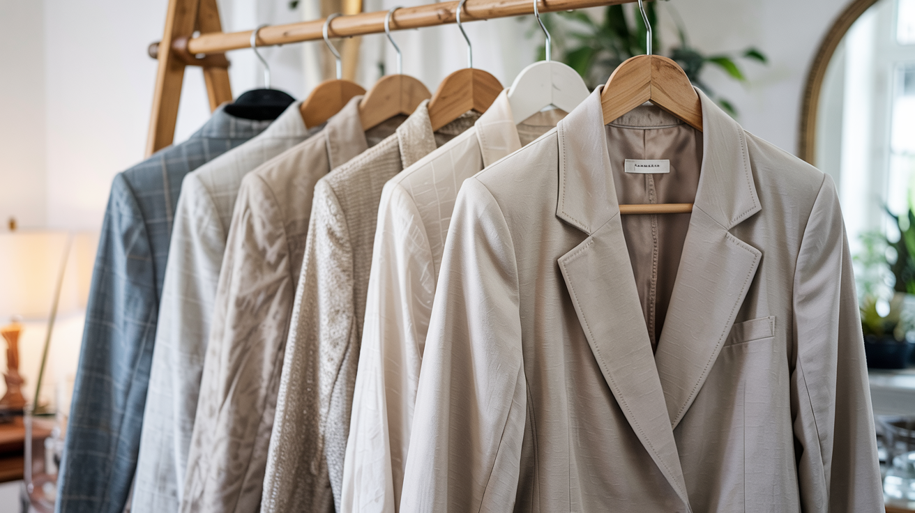 Neutral tailored blazers in beige and soft tones displayed in a light, airy space, reflecting a relaxed yet sophisticated coastal wardrobe style.