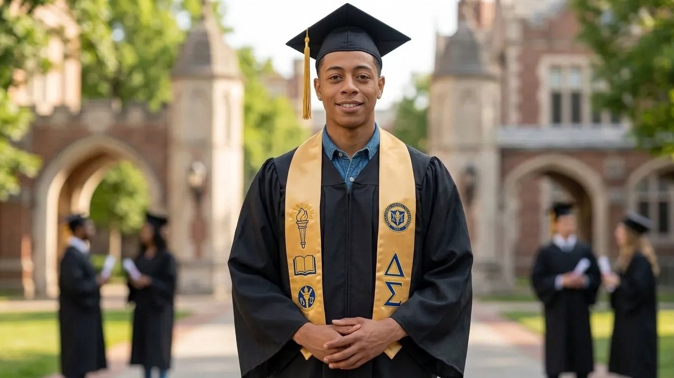 Graduation stole correctly placed over gown with honors clearly visible and centered.