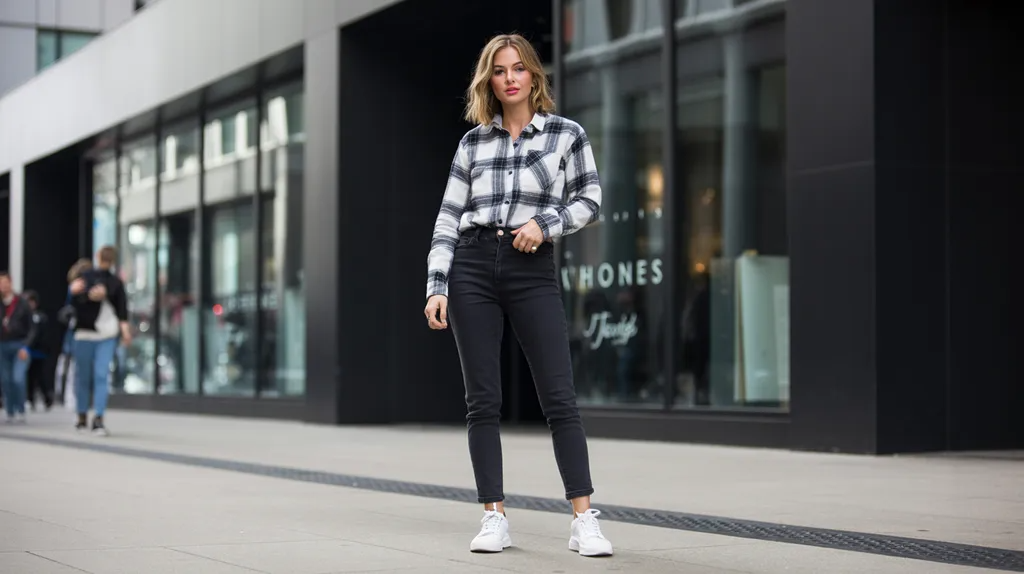Black-and-white plaid flannel outfit.