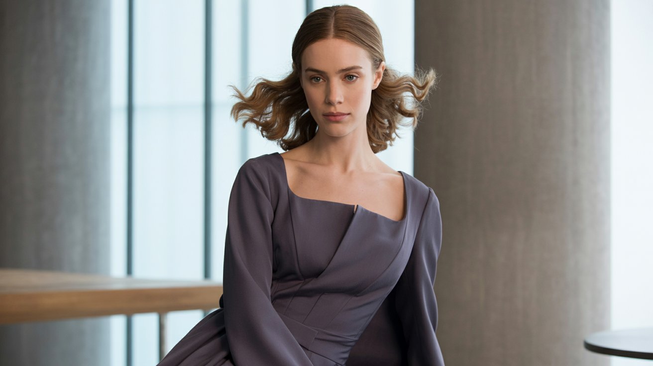 "Woman in a square neck dress with soft middle-part waves creating a balanced elegant look"