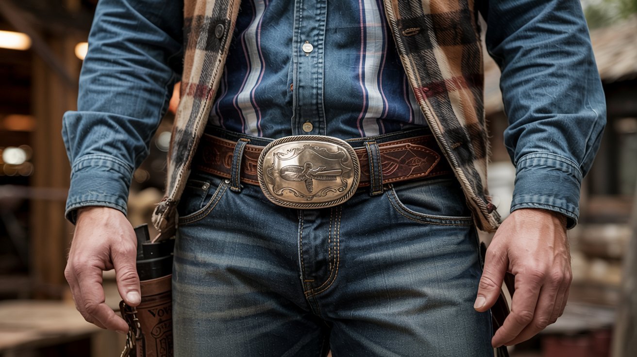 "Oversized western silver belt buckle styled with dark denim and a plaid shirt"