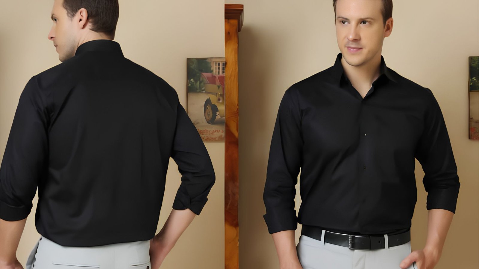 Two photos of a man in a black shirt, highlighting a chic and striking style.