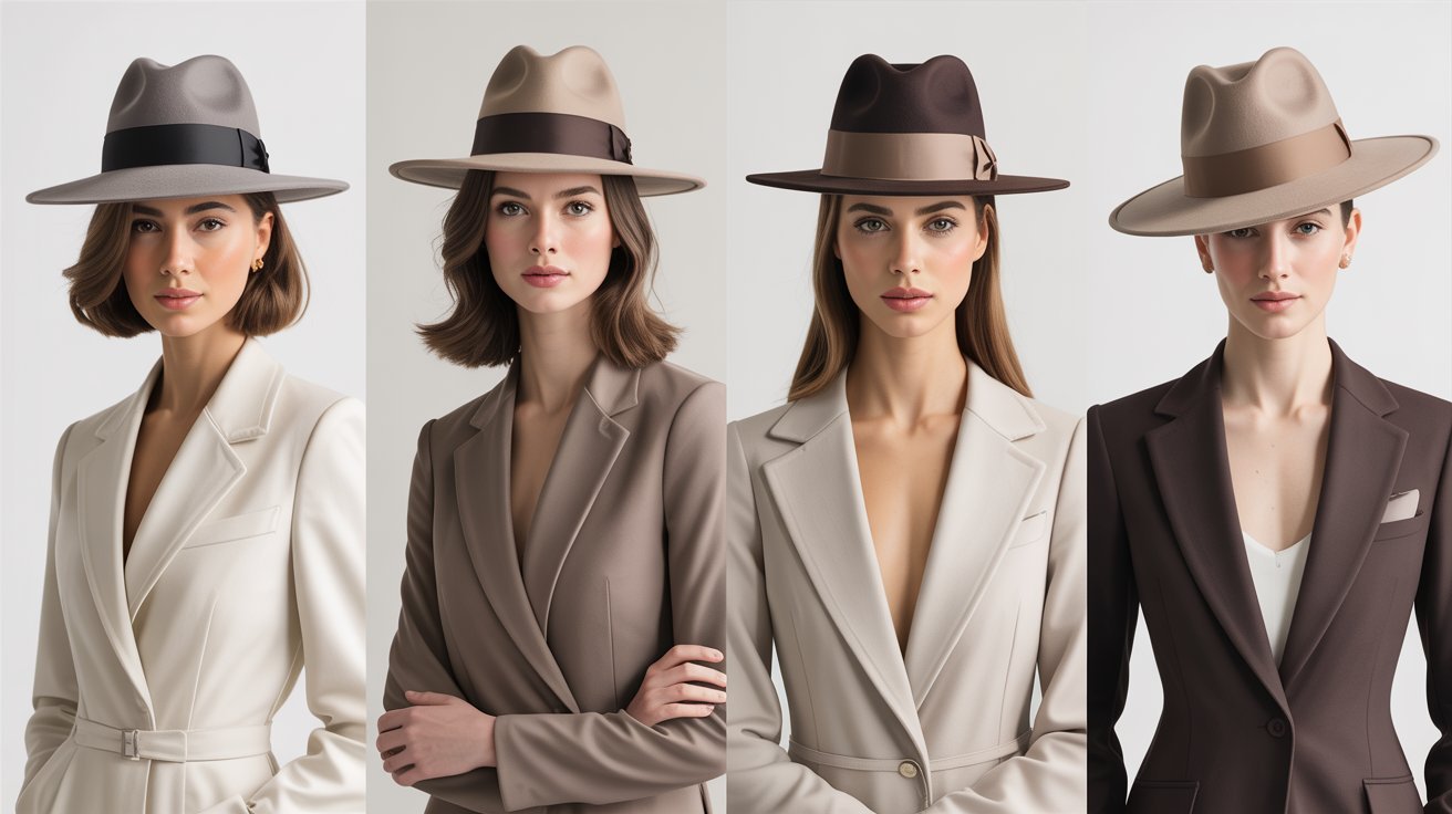 Different fedora styles matched to oval, round, long, and square face shapes.
