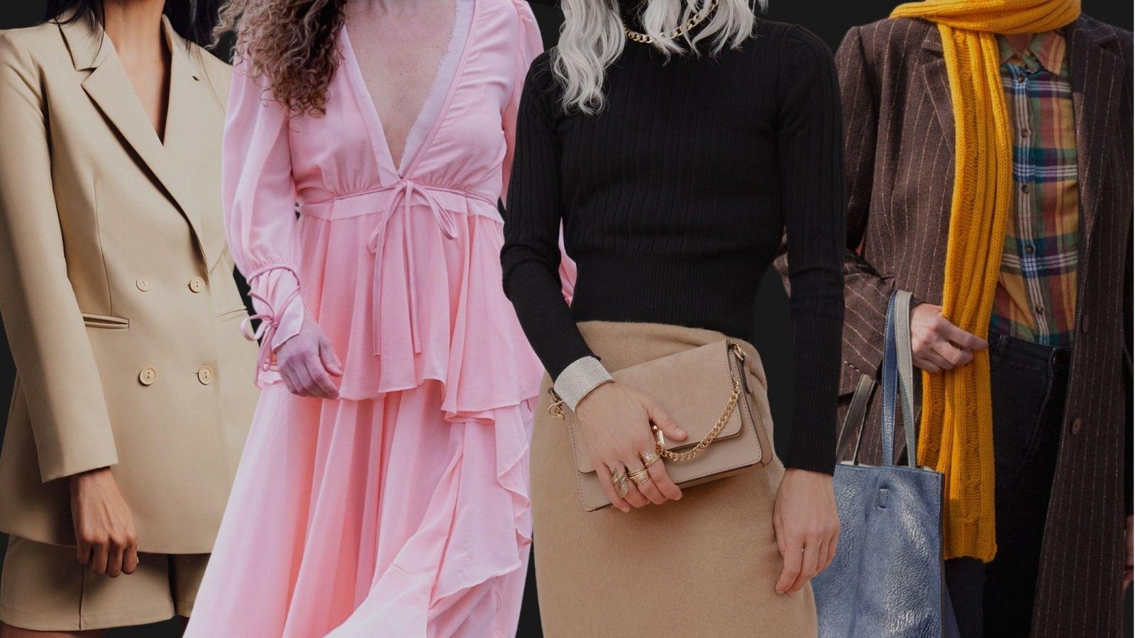 Fashion collage featuring classic, romantic, minimalist, and creative styles with tailored blazers, flowing dresses, neutral tones, and accessories