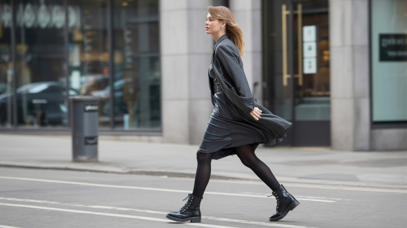 Black tights paired with combat boots for a sleek seasonal outfit look.