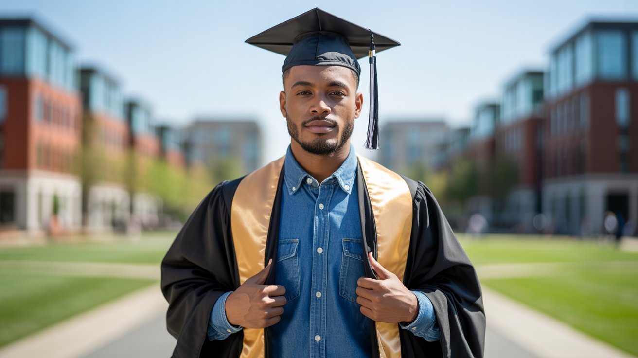 Graduation student correctly wearing stole over gown with cap during campus commencement ceremony outdoors.
