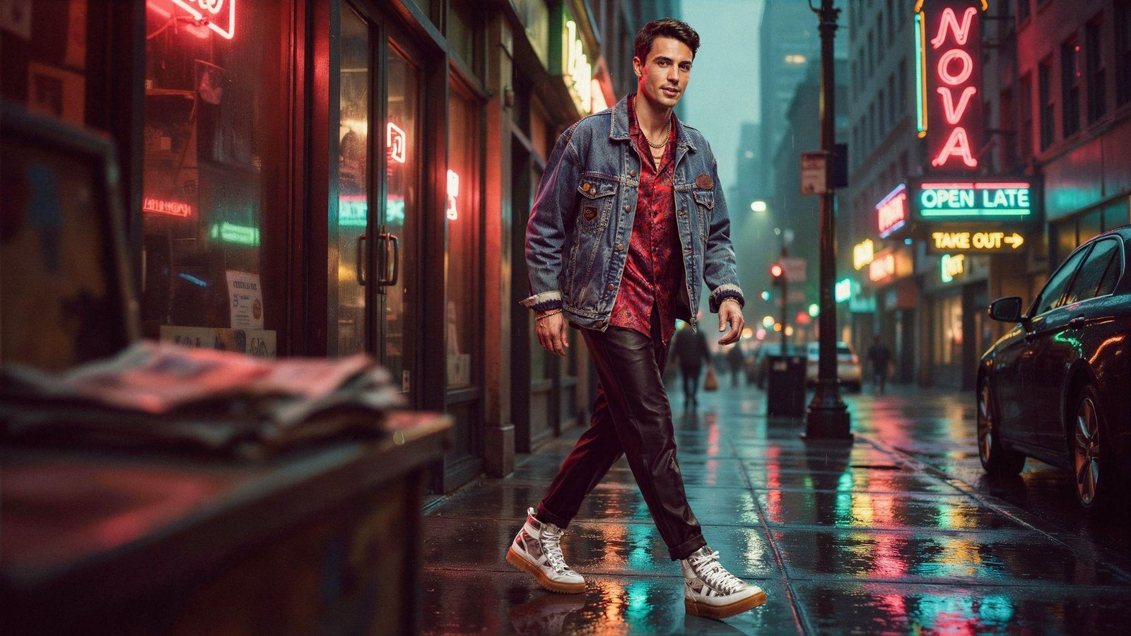 "Modern man wearing cool 80s-inspired fashion with oversized denim jacket and bold retro streetwear style"