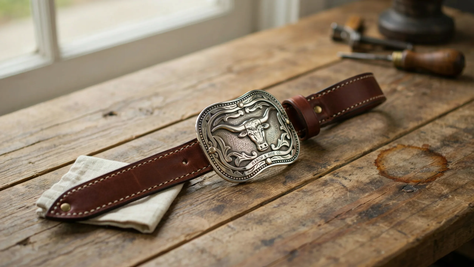 Western leather belt with a classic cowboy belt buckle.