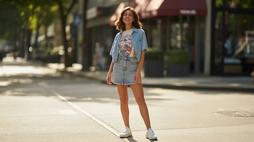 Denim skort paired with a graphic tee and sneakers