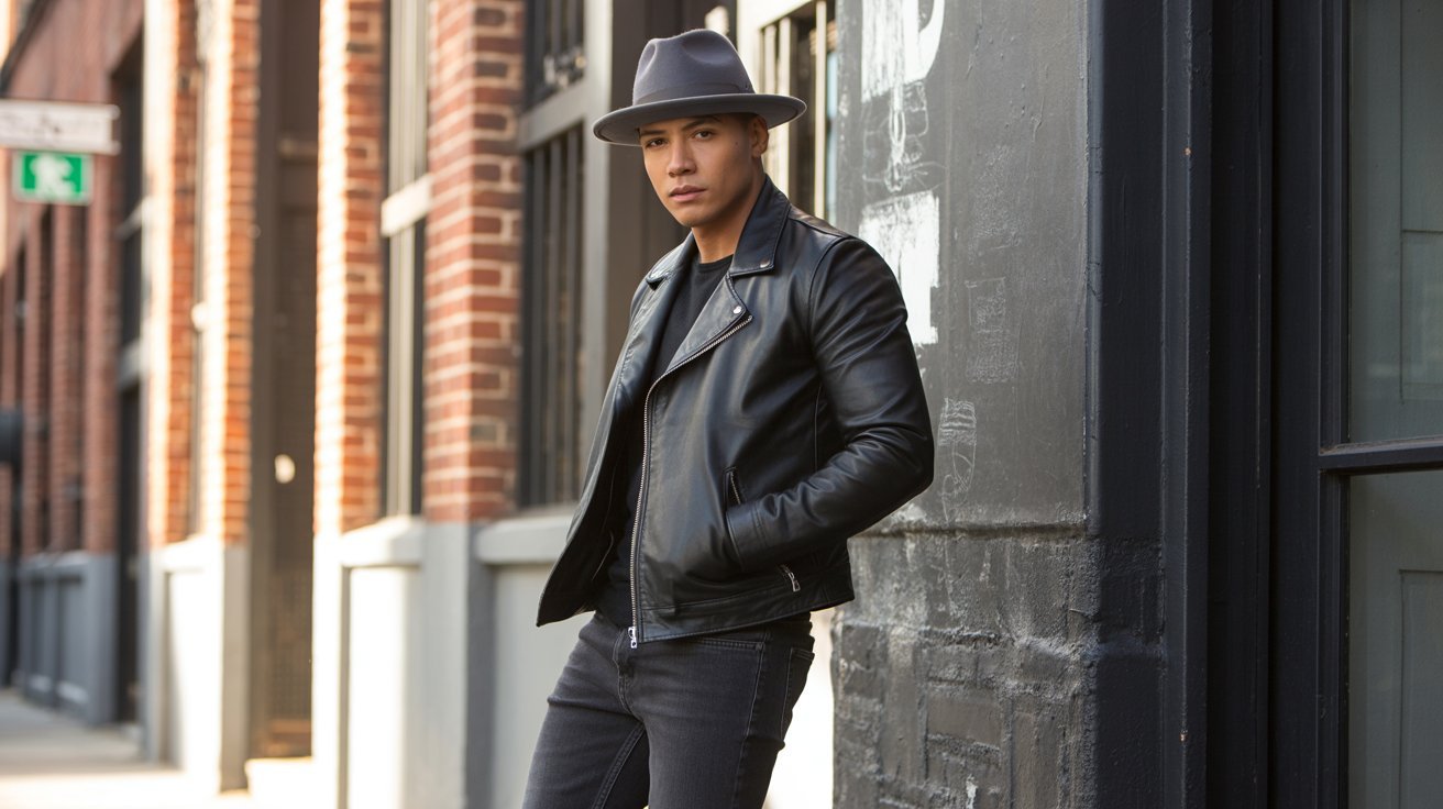 Dark fedora paired with leather jacket, slim jeans, and stylish boots.