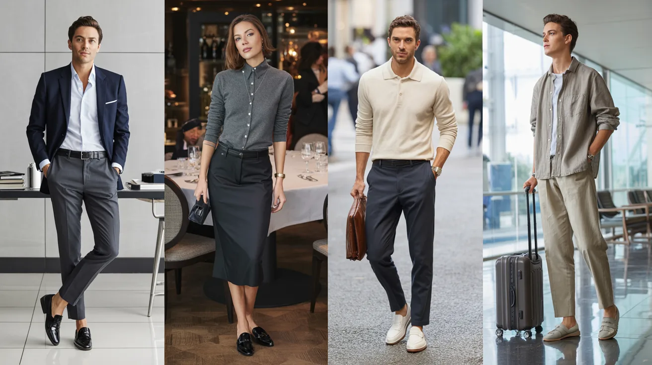 Collage of elevated casual outfits for office, casual outings, dinner, and travel.
