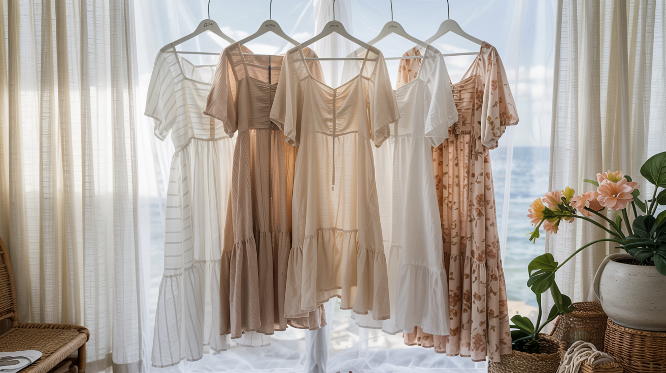 Lightweight midi dresses in soft neutral and pastel tones hanging in a breezy, coastal-inspired wardrobe setting.