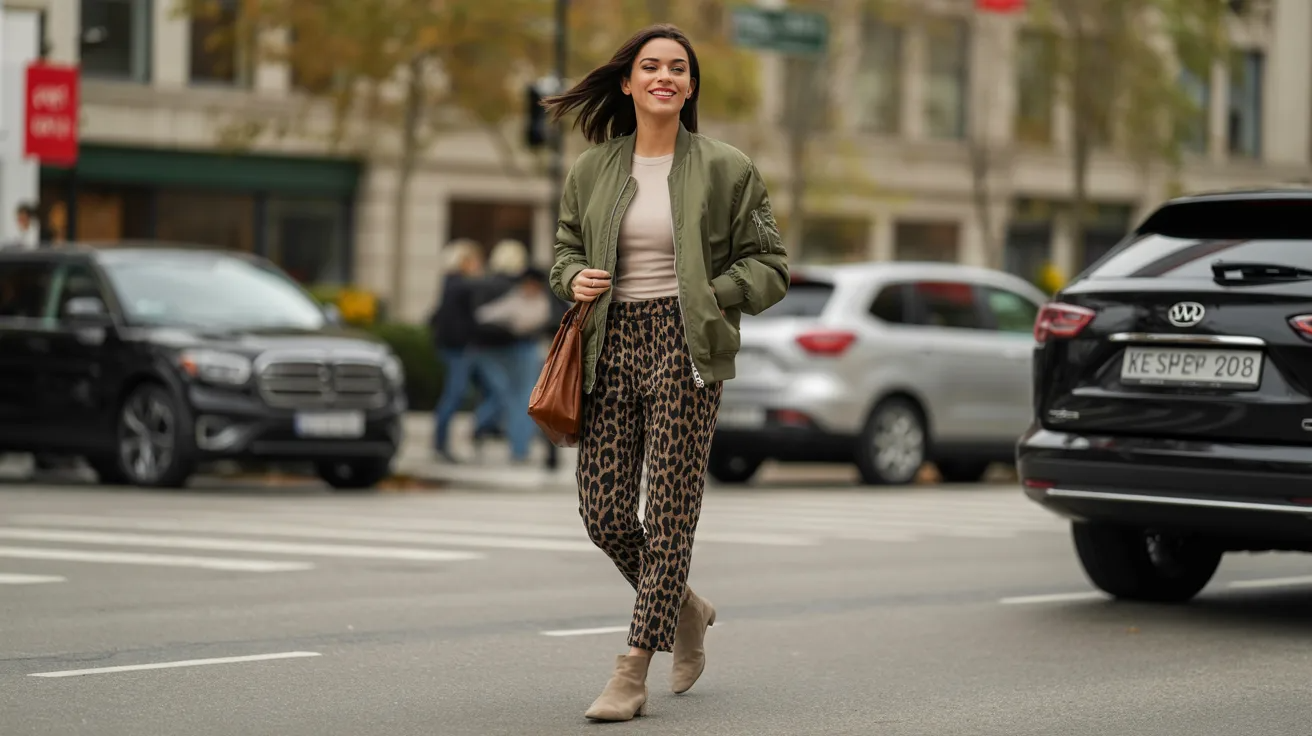 Leopard pants styled with bomber jacket and boots for casual edgy outfit.