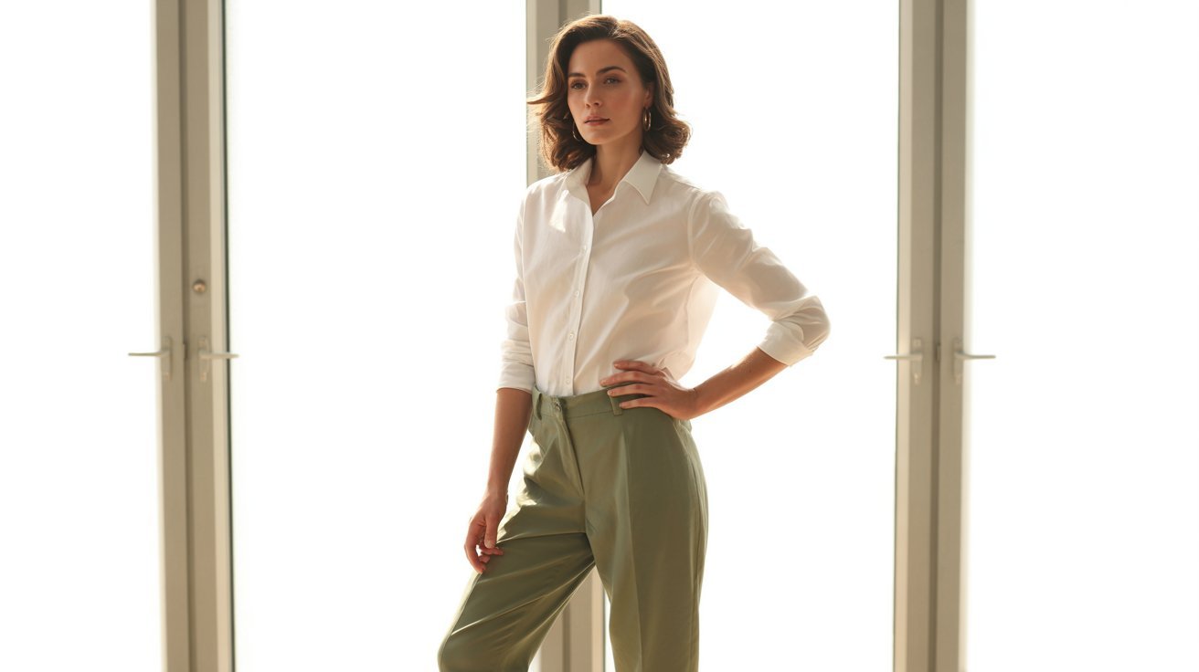 Woman wearing olive green pants with white button-down shirt in classic chic outfit