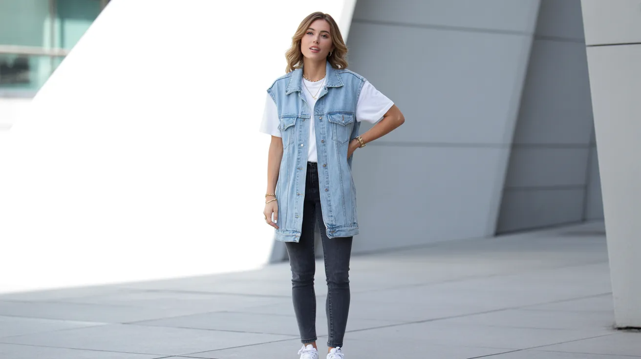 Denim-on-denim outfit featuring a jean vest and contrasting jeans.
