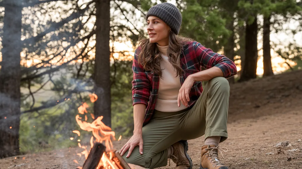 Outdoor-inspired flannel outfit with cargo pants and boots.