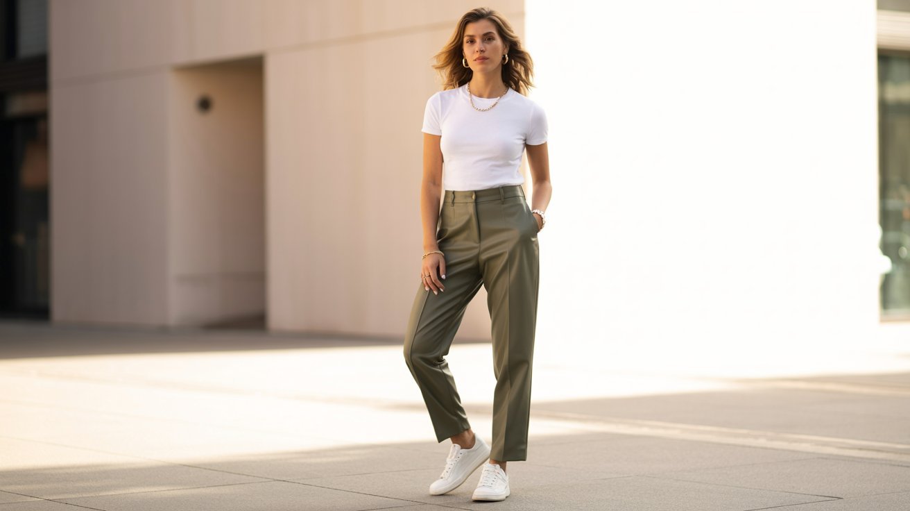Woman wearing olive green pants with white T-shirt and sneakers in casual everyday outfit