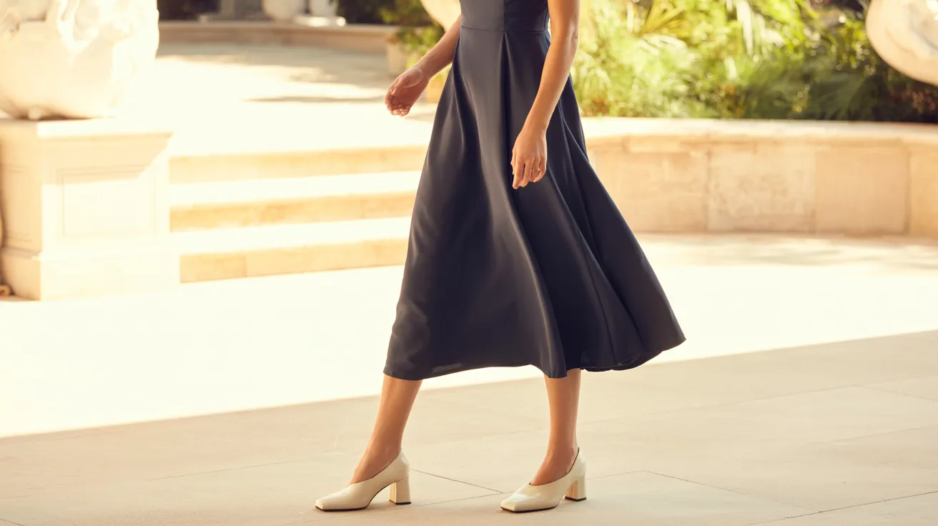 Ivory shoes paired with a navy dress for a soft contrast.