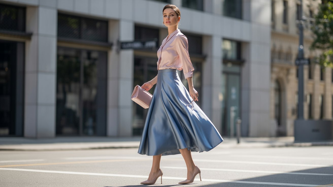 Woman crosses a sunlit street in a blush pink satin blouse and flowing steel-blue midi skirt.