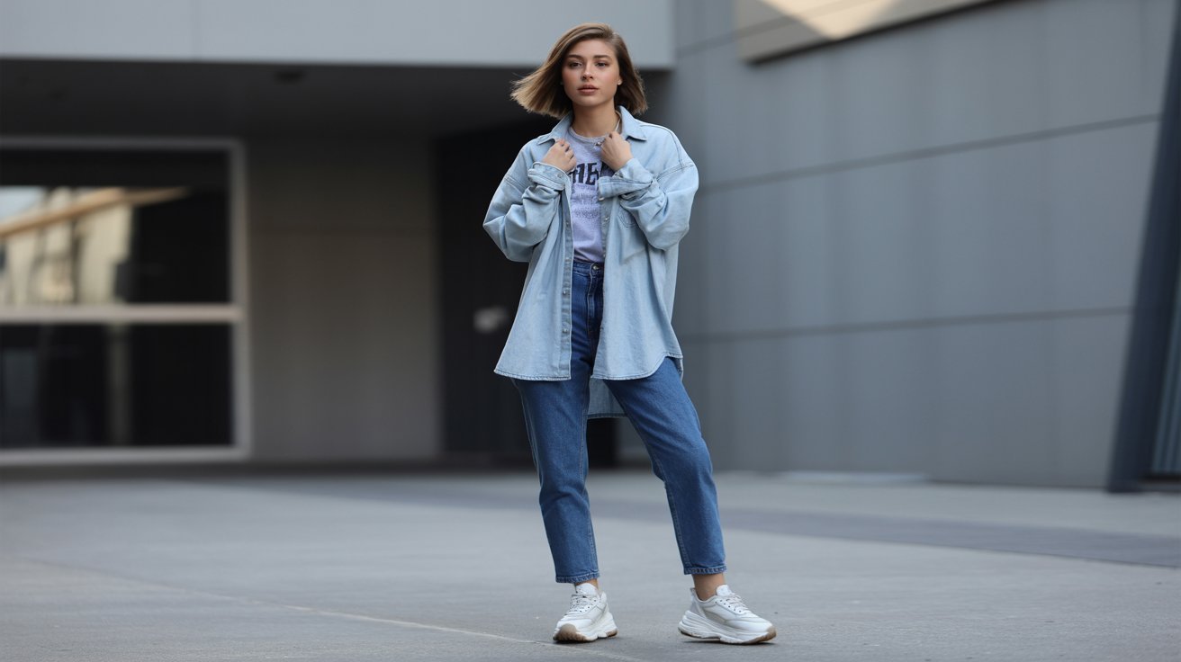 Oversized denim shirt layered over graphic tee and jeans with sneakers