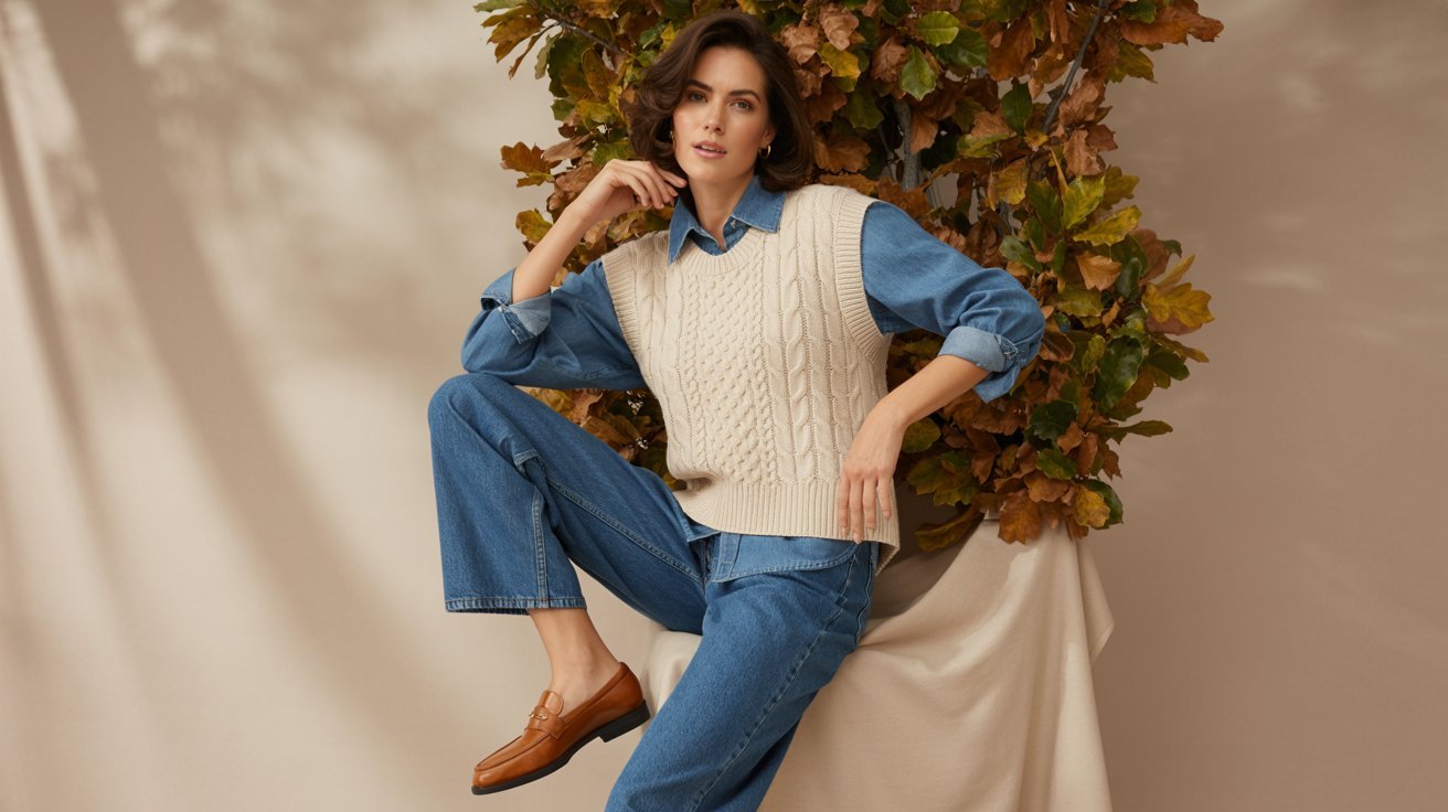 Sweater vest layered over oversized denim shirt with jeans and loafers