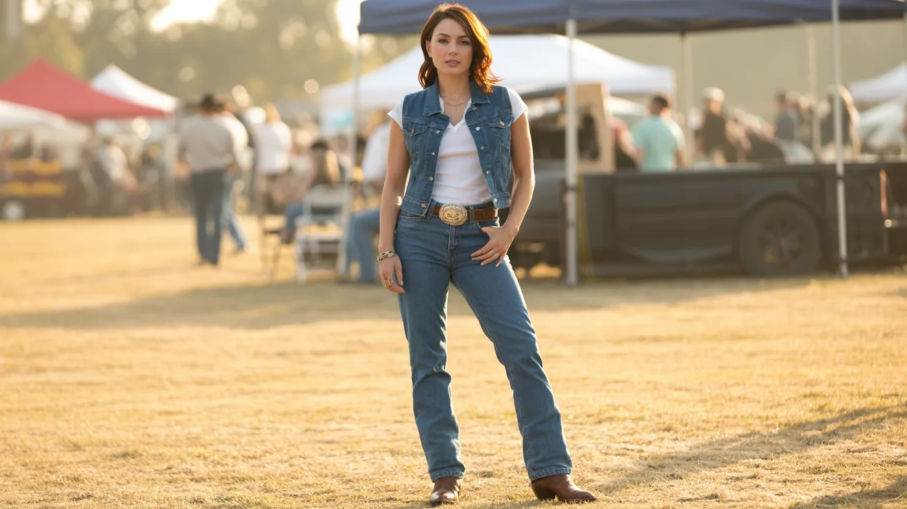 Western-inspired jean vest outfit for a summer festival