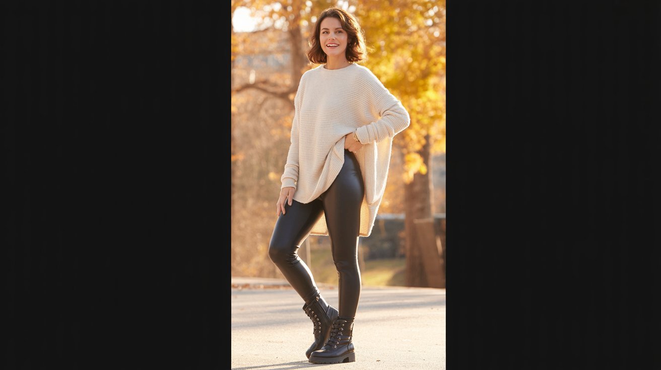 Leggings and oversized sweater paired with combat boots for cozy style.