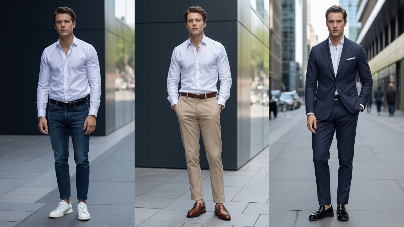 "Man wearing button-up shirts with jeans, chinos, and a suit for casual, smart casual, and formal outfit ideas."