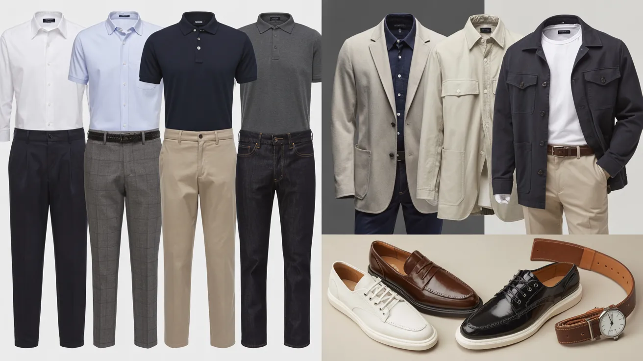 Collage of upscale casual men's outfits with shirts, chinos, blazers, jeans, and polished accessories.