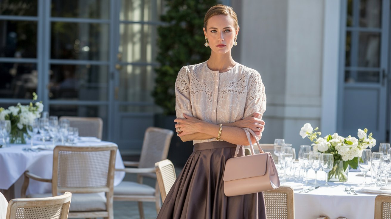 Woman in a lace blouse and midi skirt at luncheon