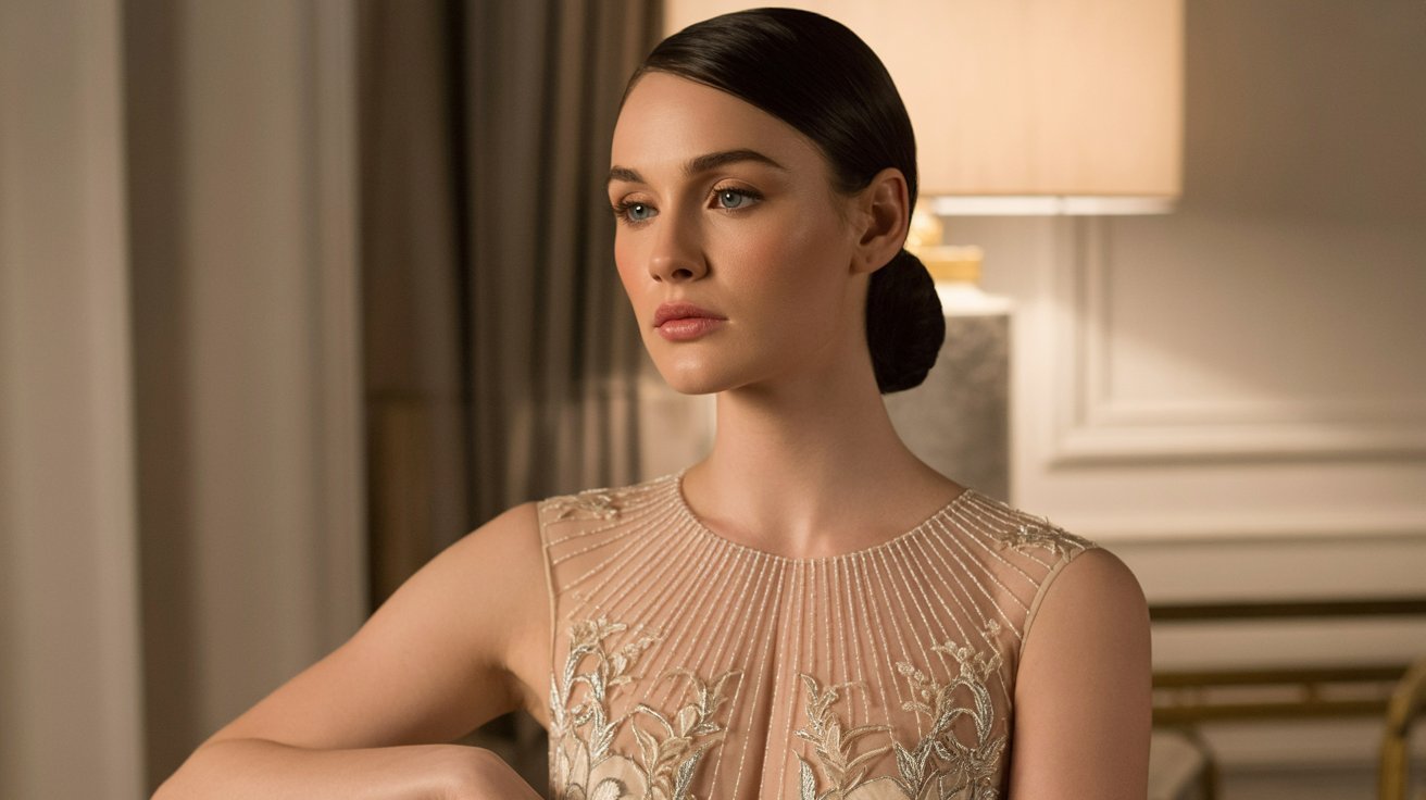 "Woman in an illusion neckline dress with a sleek bun highlighting intricate neckline detailing"