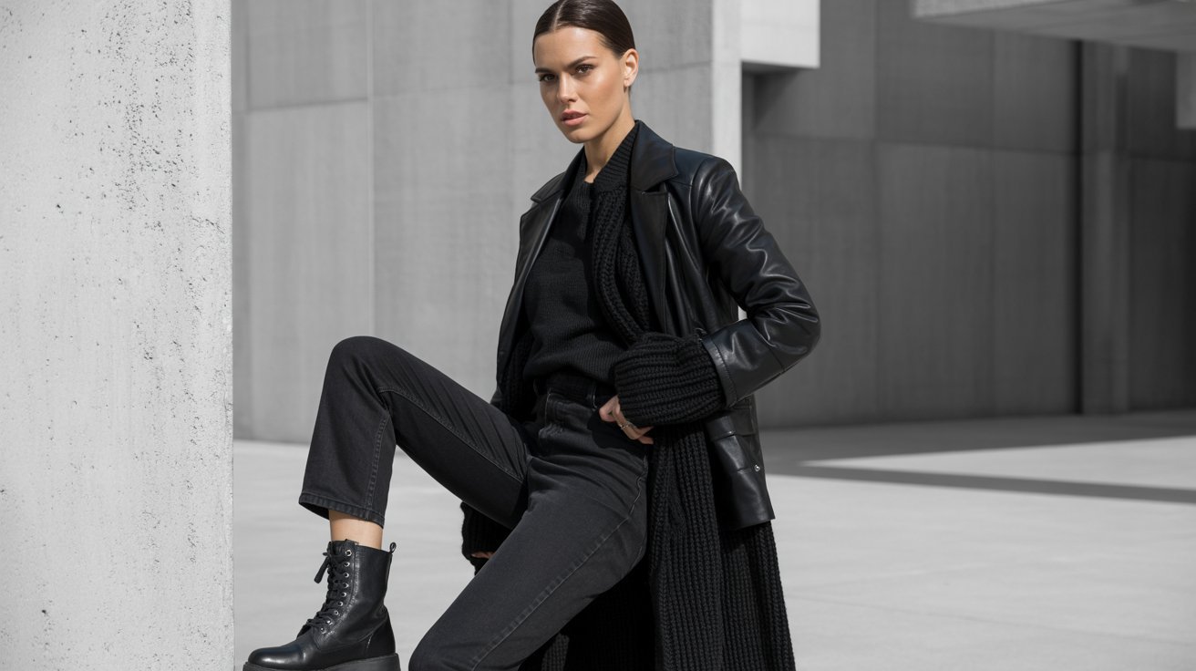 Monochrome black outfit styled with combat boots for a sleek modern appearance.