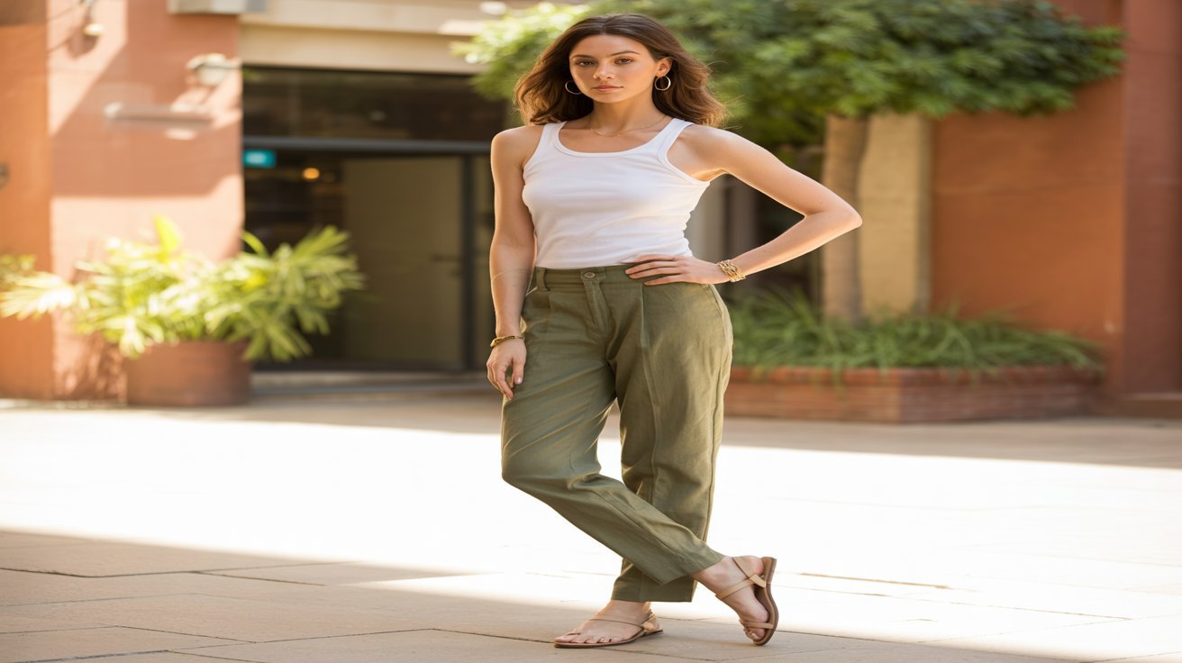Woman wearing olive green pants with white tank top and sandals in summer