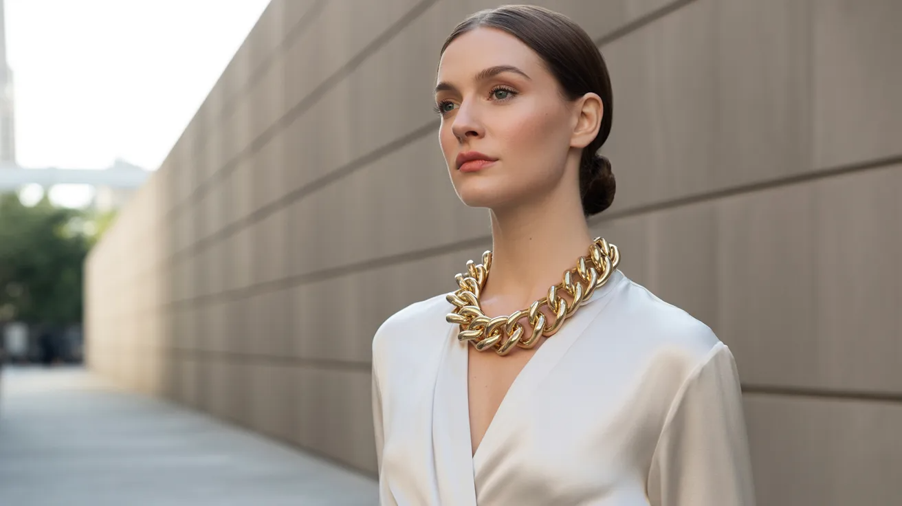 Woman wearing a bold statement necklace with a simple outfit