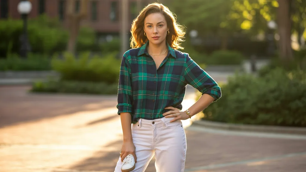 Woman styling a plaid flannel shirt with white jeans.