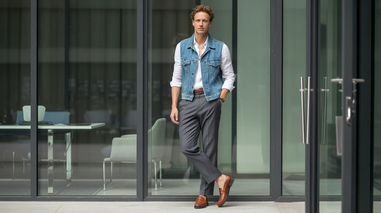 Jean vest paired with tailored trousers for an office-casual outfit.