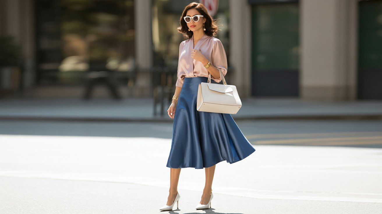 Woman walks downtown in a light pink satin blouse tucked into a satin blue A-line skirt, carrying a cream tote.