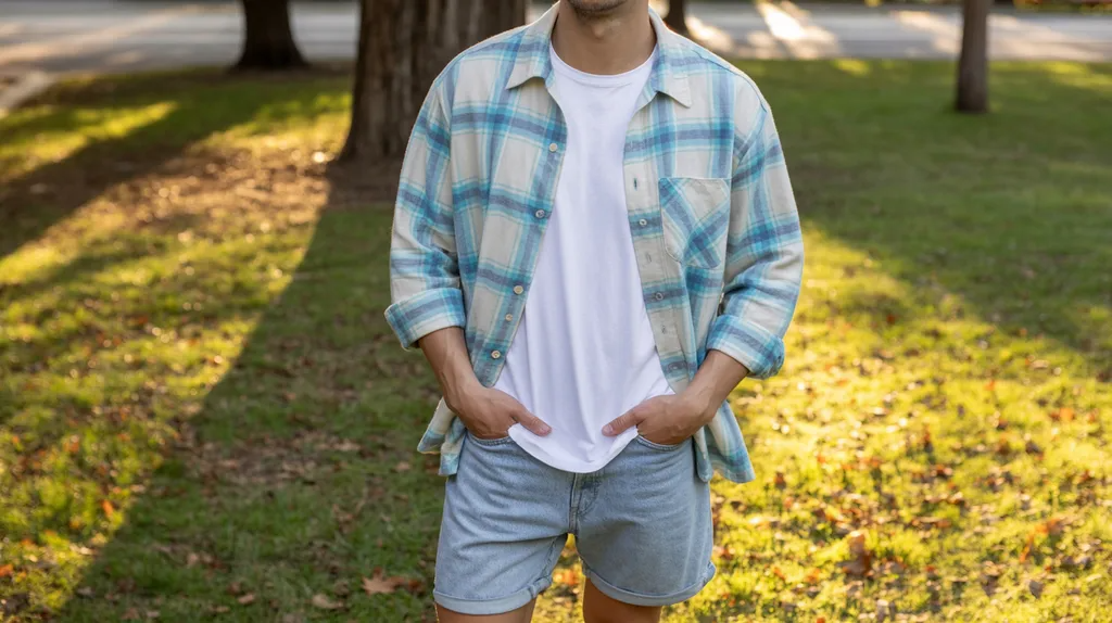 Plaid flannel shirt styled with denim shorts.