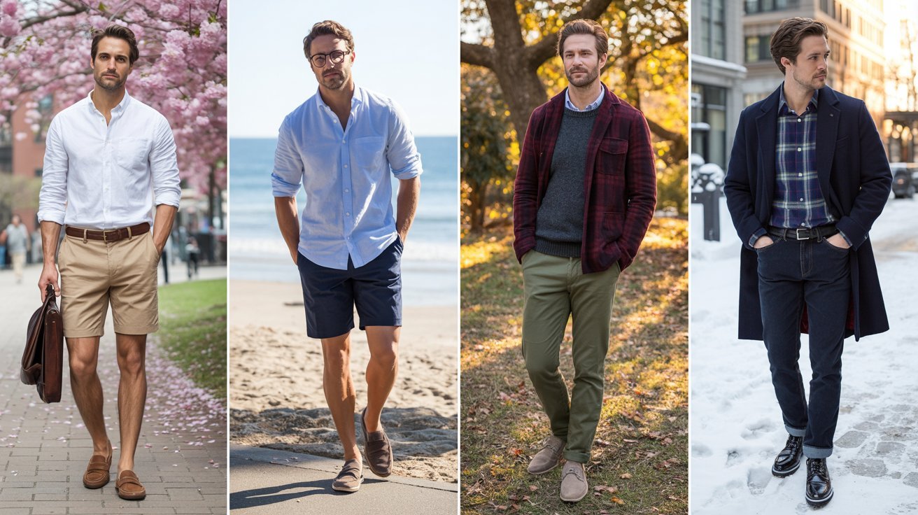 "Man styling button-up shirts for spring, summer, autumn, and winter with seasonal outfit combinations."