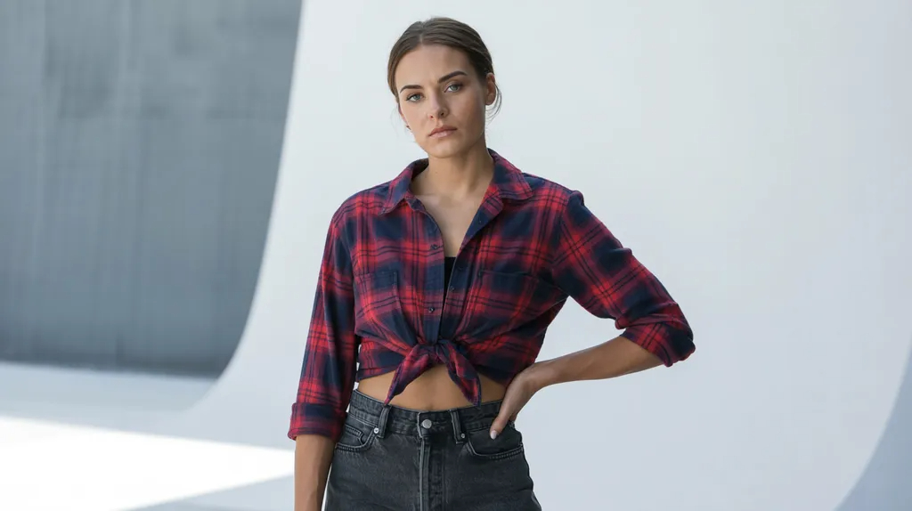Cropped flannel shirt with high-waisted jeans.