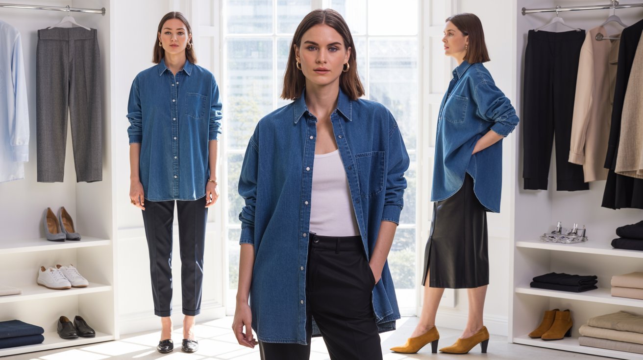 Oversized denim shirt styled as top, jacket, and dress with timeless wardrobe essentials