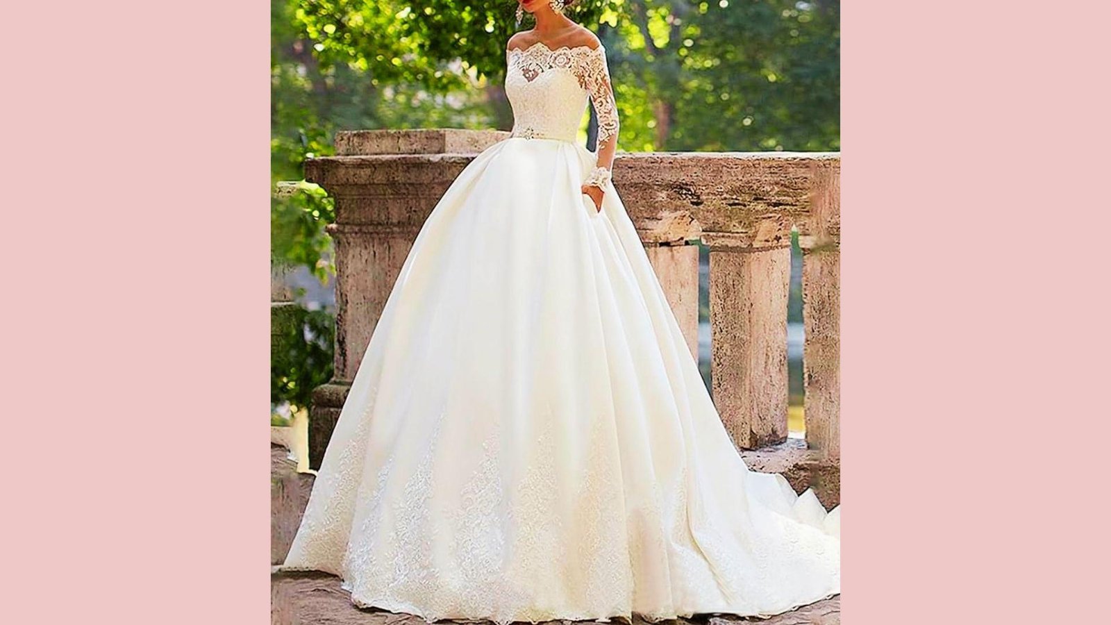 Bride in satin ballgown with off-shoulder lace sleeves, sweetheart neckline, beaded waist, pockets, full skirt, garden backdrop